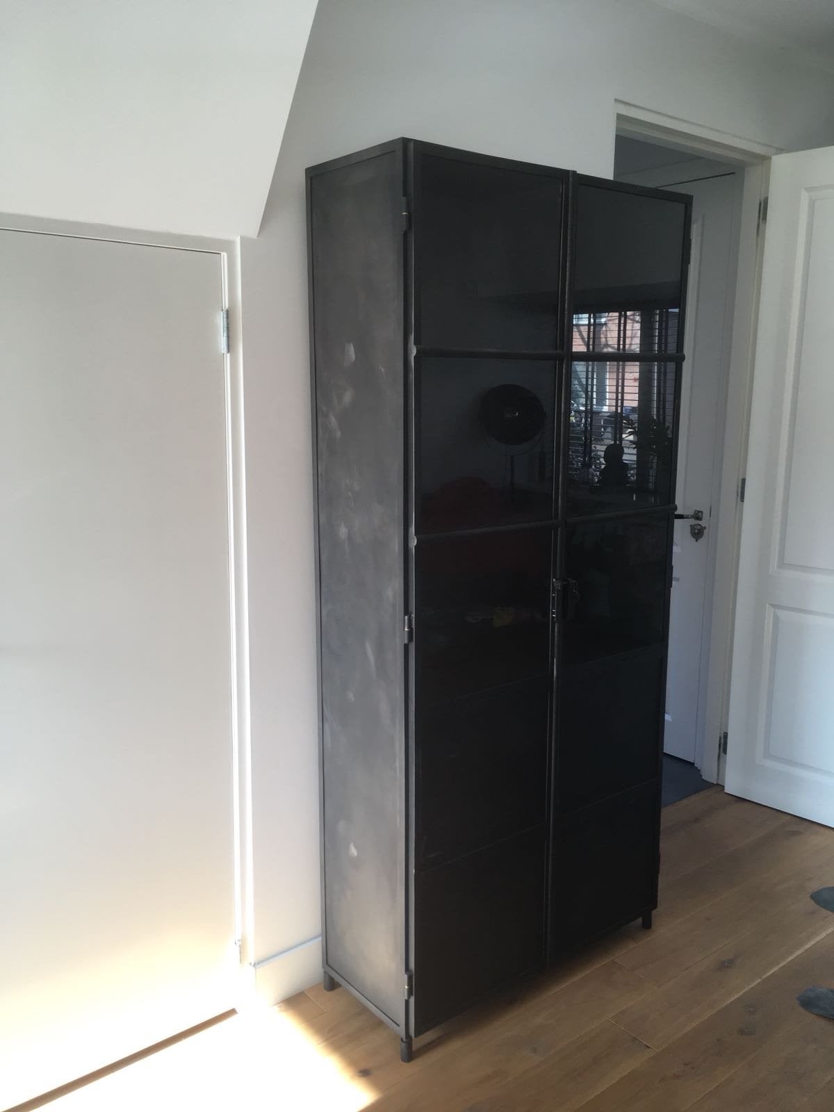 Industriële metalen kast met glazen deuren, Ophalen, Gebruikt, 200 cm of meer, 50 tot 100 cm