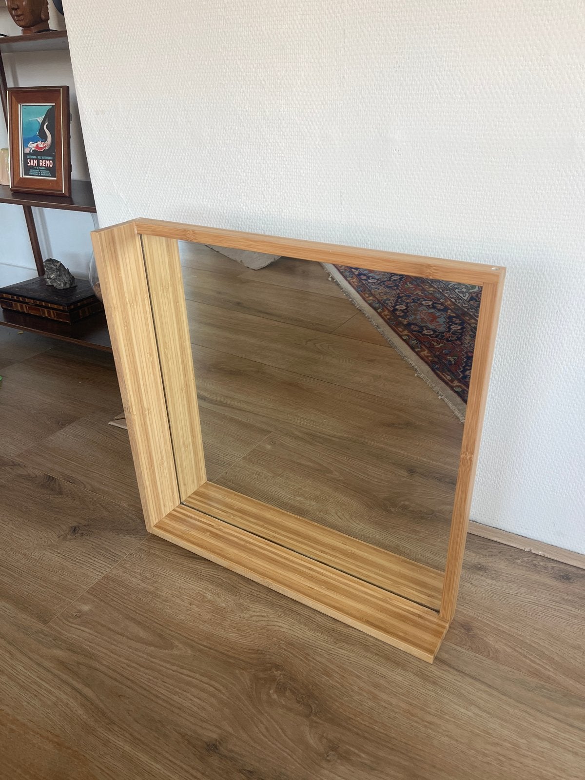 IKEA RÅGRUND Spiegel Bamboe 50x50 cm met plank en haken, Ophalen, Gebruikt, Vierkant, Minder dan 100 cm