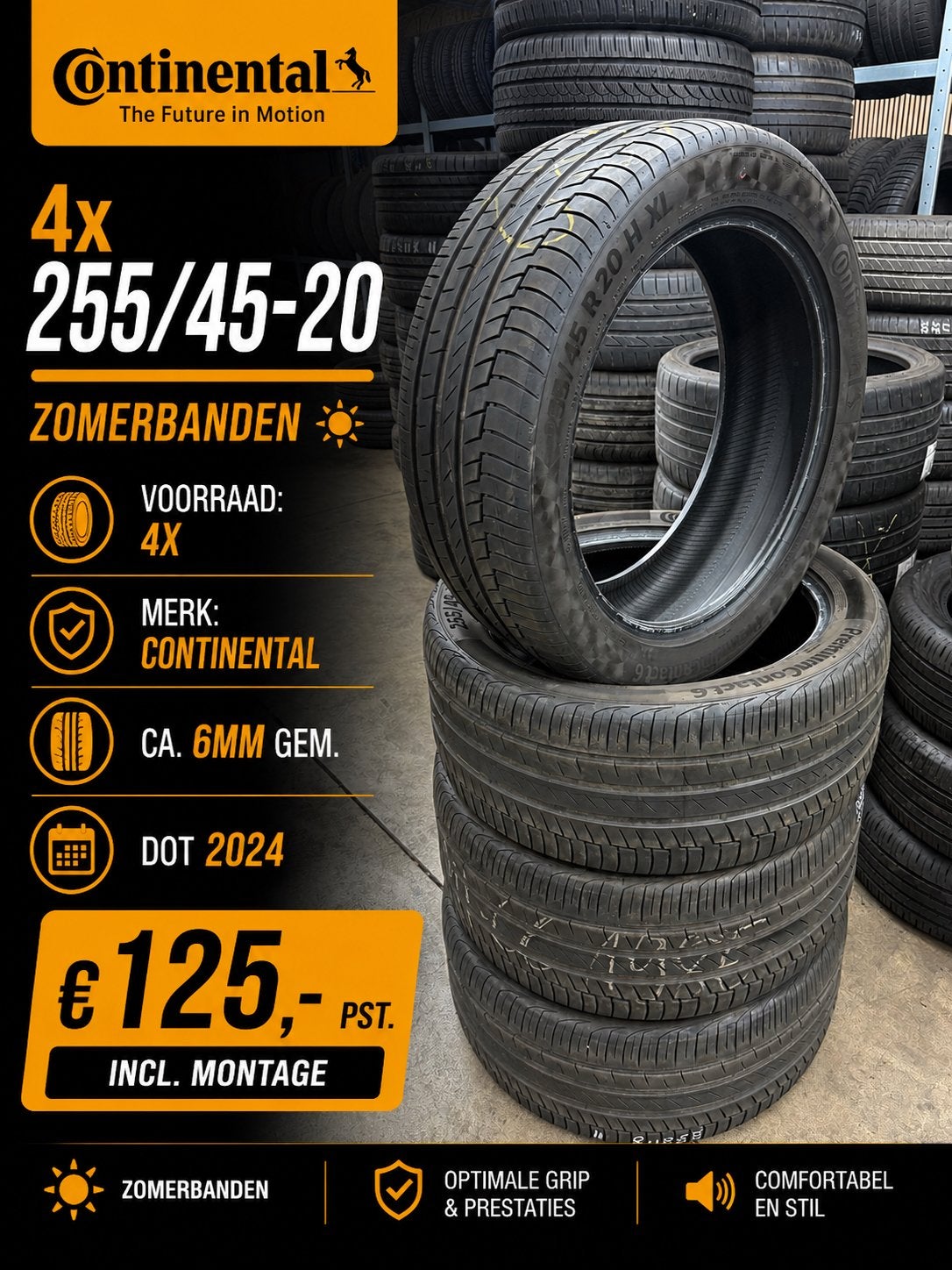 4x Continental 255/45 /20 DOT 2024 | 6mm | €125 pst all incl, Auto-onderdelen, Banden en Velgen, Band(en), Zomerbanden, Ophalen