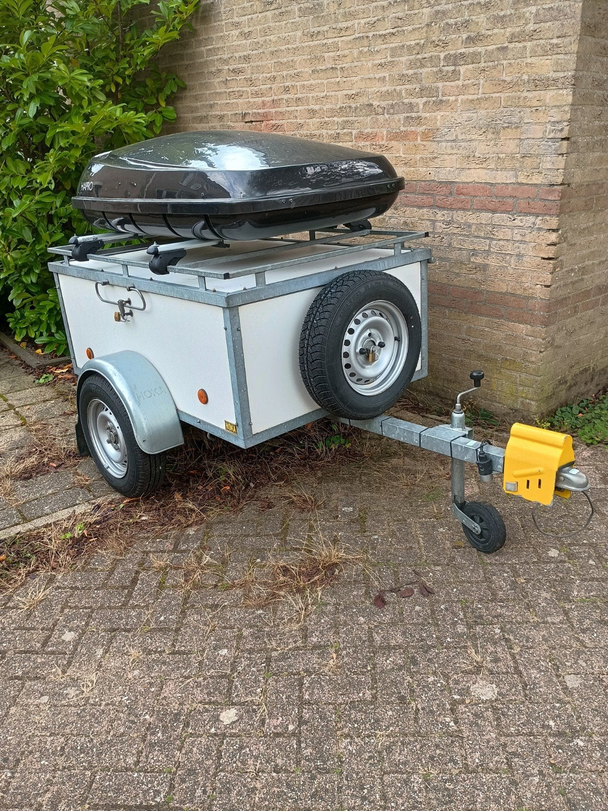 Bagagewagen + Hapro dakkoffer en disselslot, vakantieklaar!, Ophalen, Gebruikt