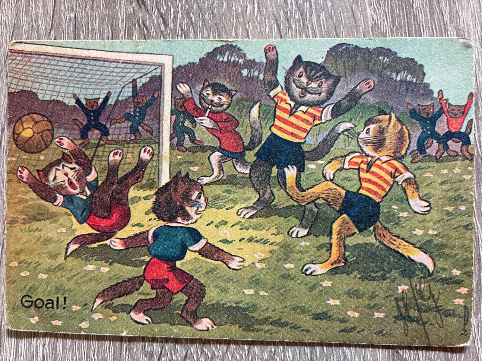Oude ansichtkaart: Katten voetballen - 'Goal!', Verzamelen, Ophalen of Verzenden, 1940 tot 1960, Gelopen, Gelderland