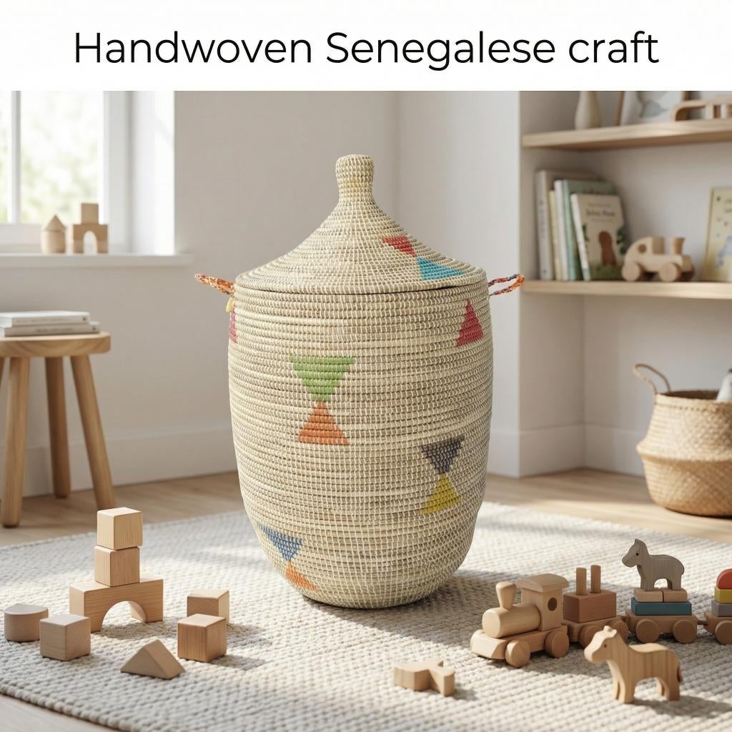 Afrikaans wasmand creme fairtrade opbergmand uit Senegal, Ophalen of Verzenden, Zo goed als nieuw, Rond, Riet