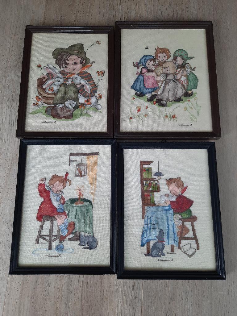 4 Ingelijste geborduurde Hummel schilderijen, Ophalen, Minder dan 50 cm, Overige typen, Zo goed als nieuw
