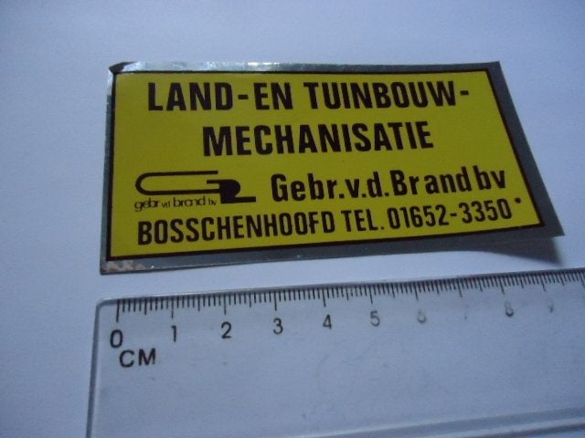 sticker oud Landbouw machine VD BRAND Bosschenhoofd tuinbouw, Verzenden, Zo goed als nieuw, Bedrijf of Vereniging