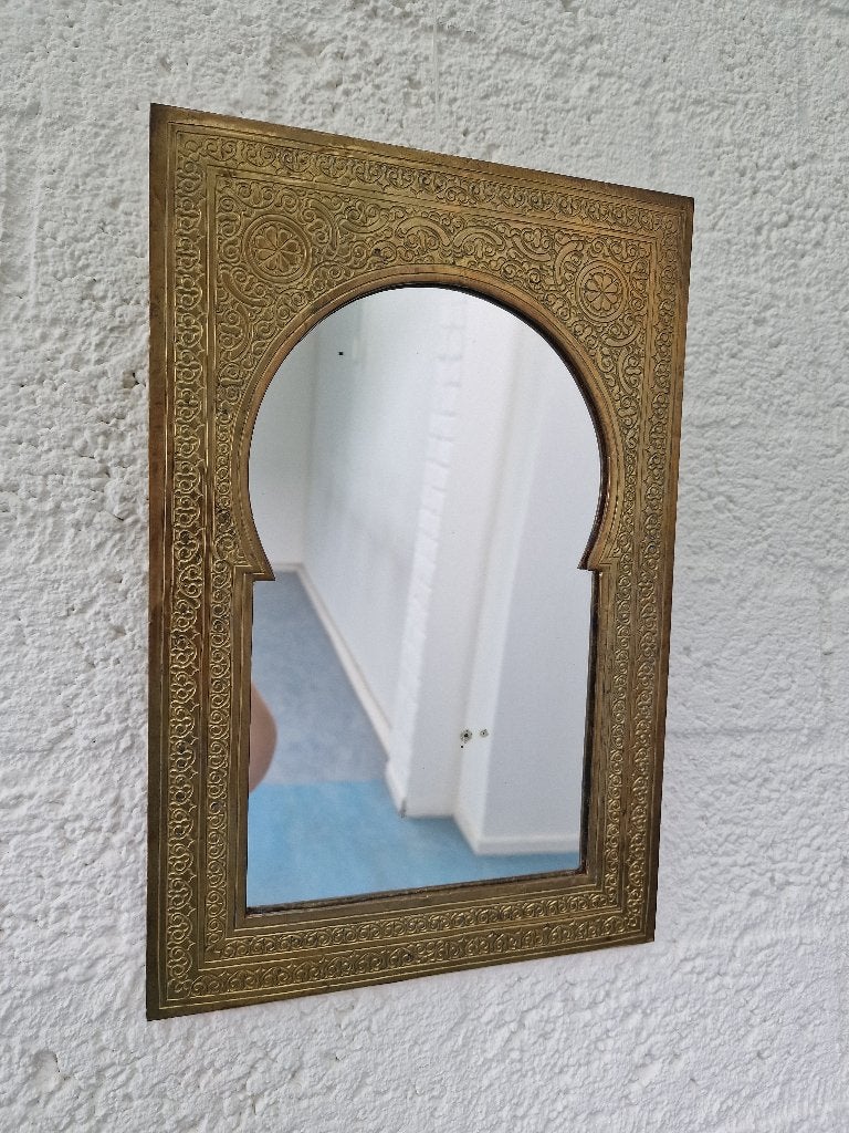 Vintage Marokkaanse spiegel messing lijst, Ophalen of Verzenden, Rechthoekig, Minder dan 50 cm, Minder dan 100 cm