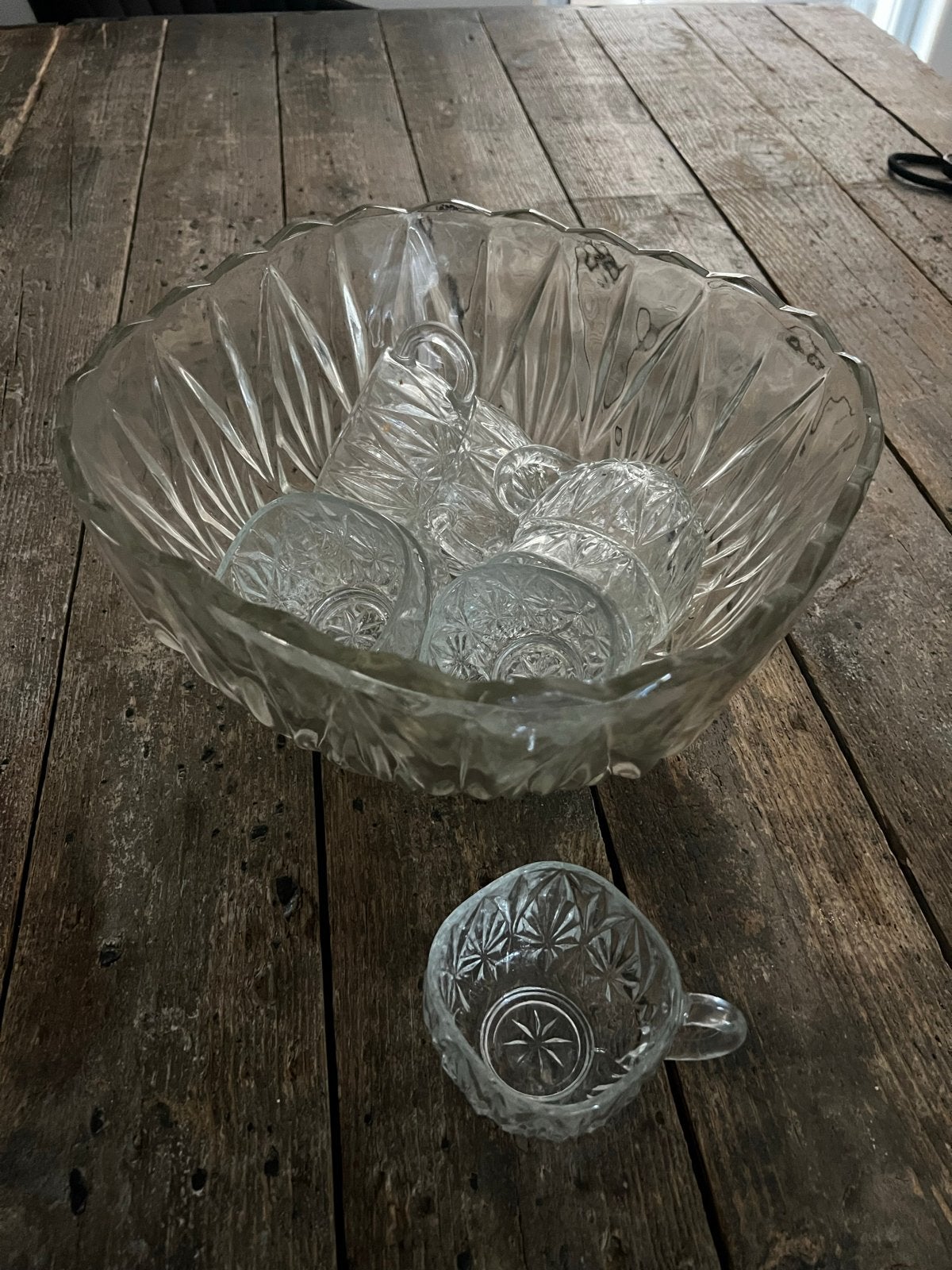 Vintage Glazen Punch Bowl Set met 8 Kopjes, Ophalen