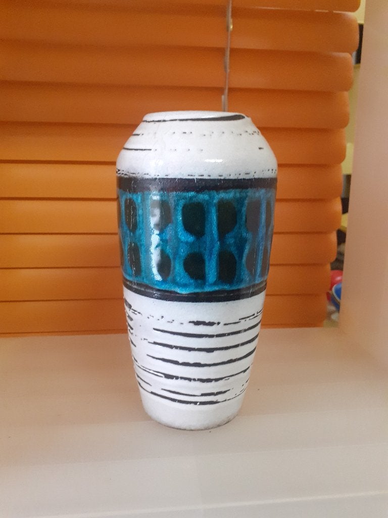 jaren 70 design vaas blauw wit West Germany 22x12 cm retro, Ophalen of Verzenden