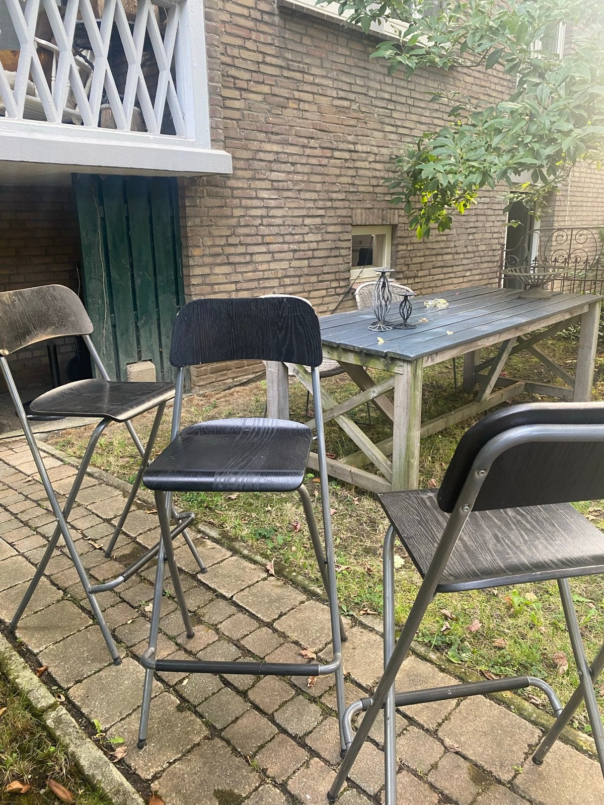 Set van 3 gebruikte barkrukken - zwart met metaal, Ophalen, Gebruikt, Met voetsteun, 90 cm of meer