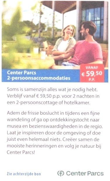 Center Parcs 2-persoonsaccommodaties kortingslink en code, Drie personen of meer, Kortingsbon, Bungalowpark