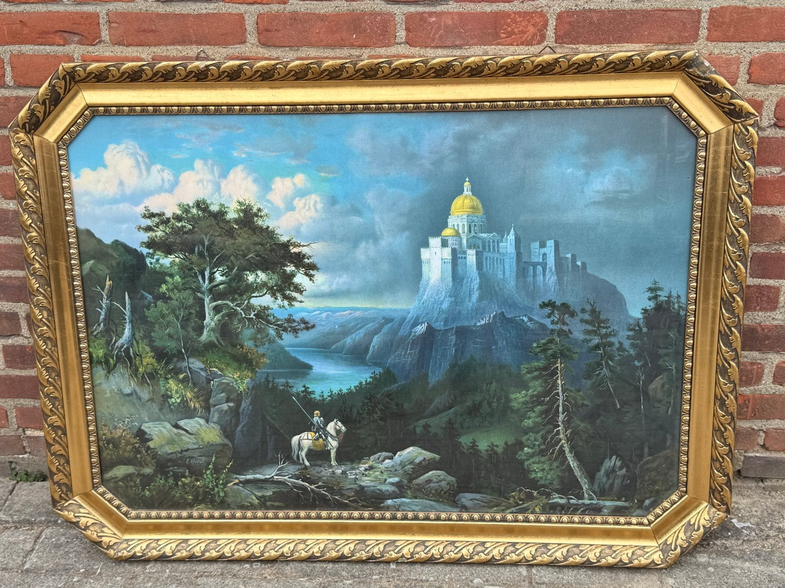 Schilderij: Kasteel op berg met ridder en meer, Doek, Ophalen of Verzenden, Landschap, Olieverf