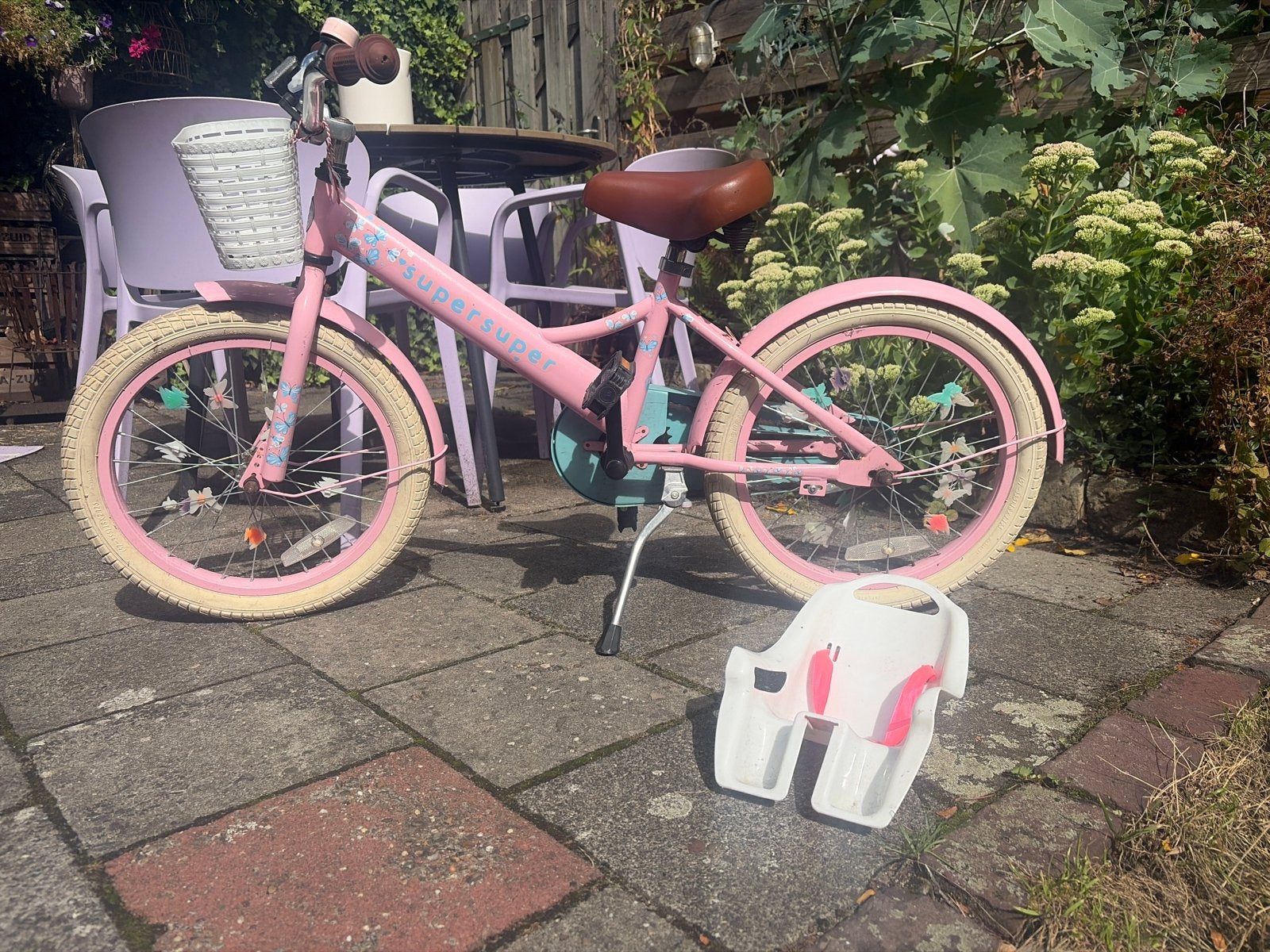 Roze kinderfiets SuperSuper met mandje en poppenstoeltje, Ophalen, Gebruikt, Terugtraprem, 16 tot 20 inch