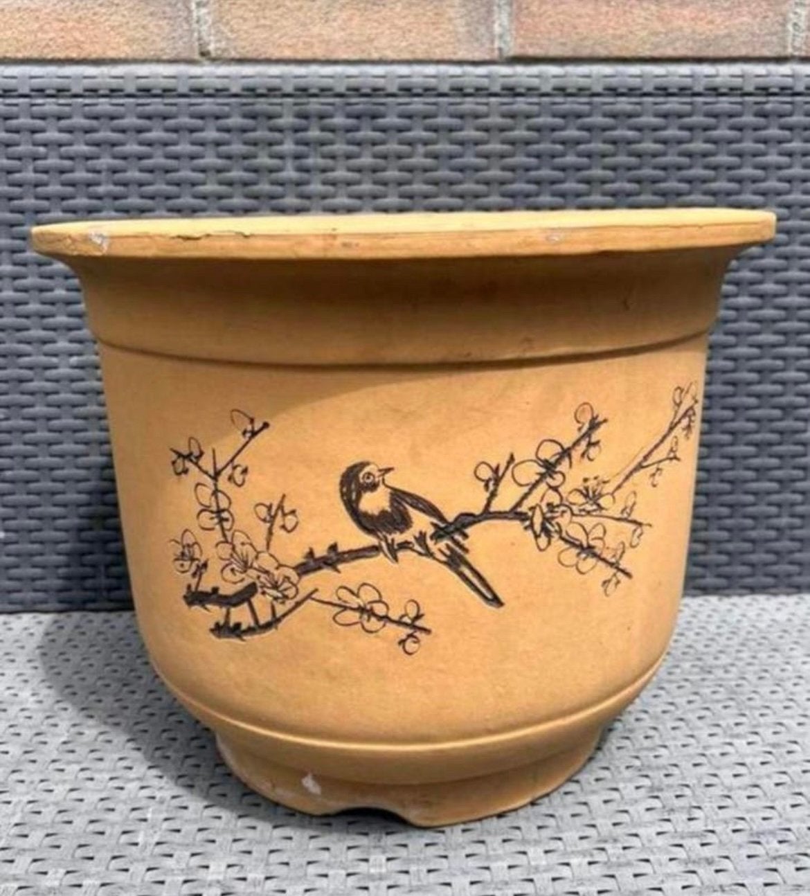 Bonsai pot gedecoreerd licht bruin ongeglazuurd 35,5x28, Rond, Zo goed als nieuw, Minder dan 40 cm, Aardewerk
