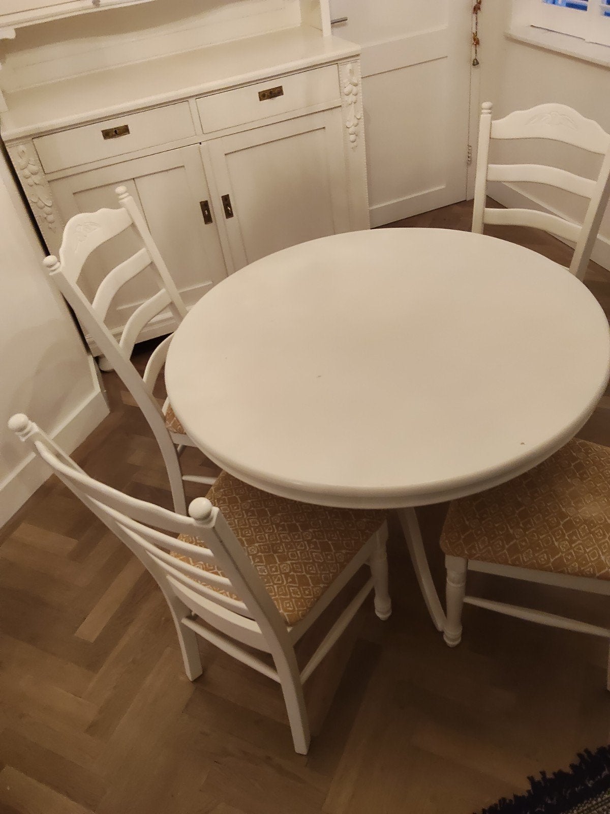 Witte ronde eettafel met 4 stoelen, Ophalen, Gebruikt, Rond, Overige houtsoorten