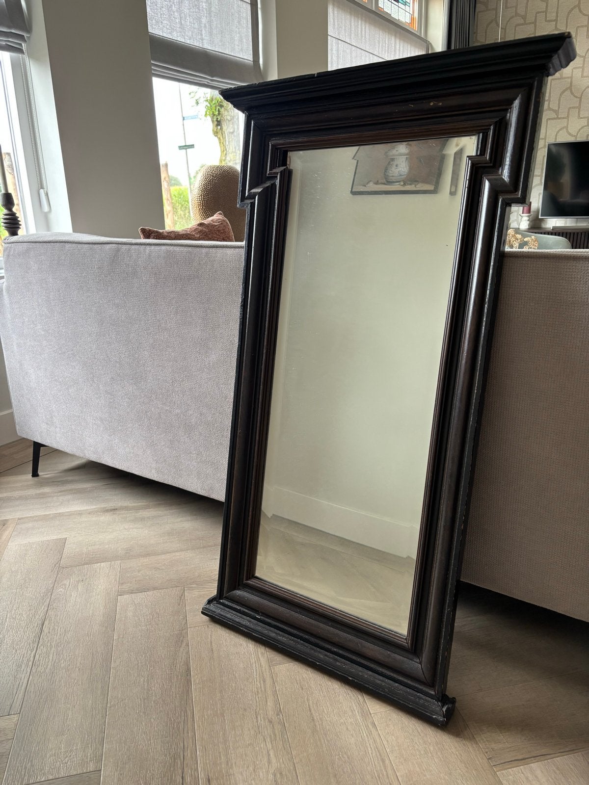 Antieke spiegel met donker houten lijst, Ophalen, Rechthoekig, 50 tot 100 cm, 100 tot 150 cm