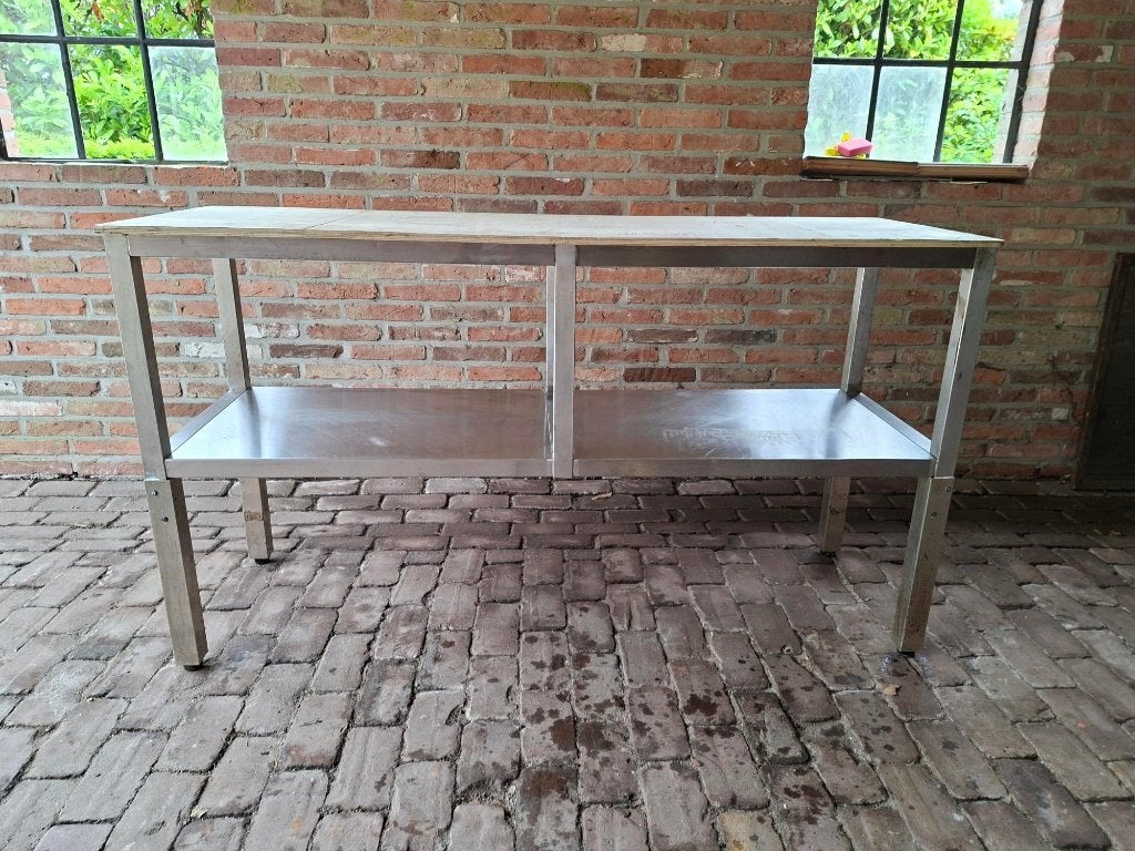 Goede werkbank met RVS onderstel en houten werkblad!, Ophalen, Gebruikt, 120 tot 170 cm