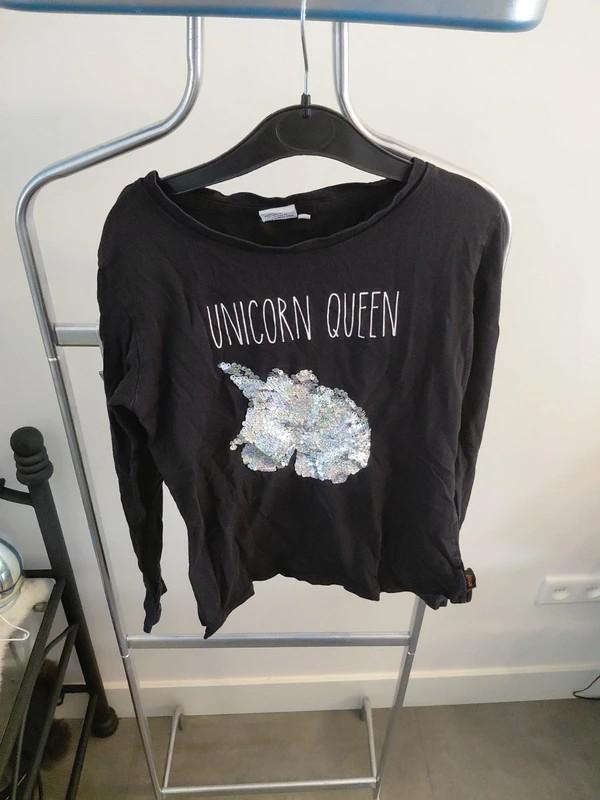 Zwart longsleeve shirt 'Unicorn Queen' maat 146-152, Gebruikt, Meisje, Ophalen of Verzenden, Emoji