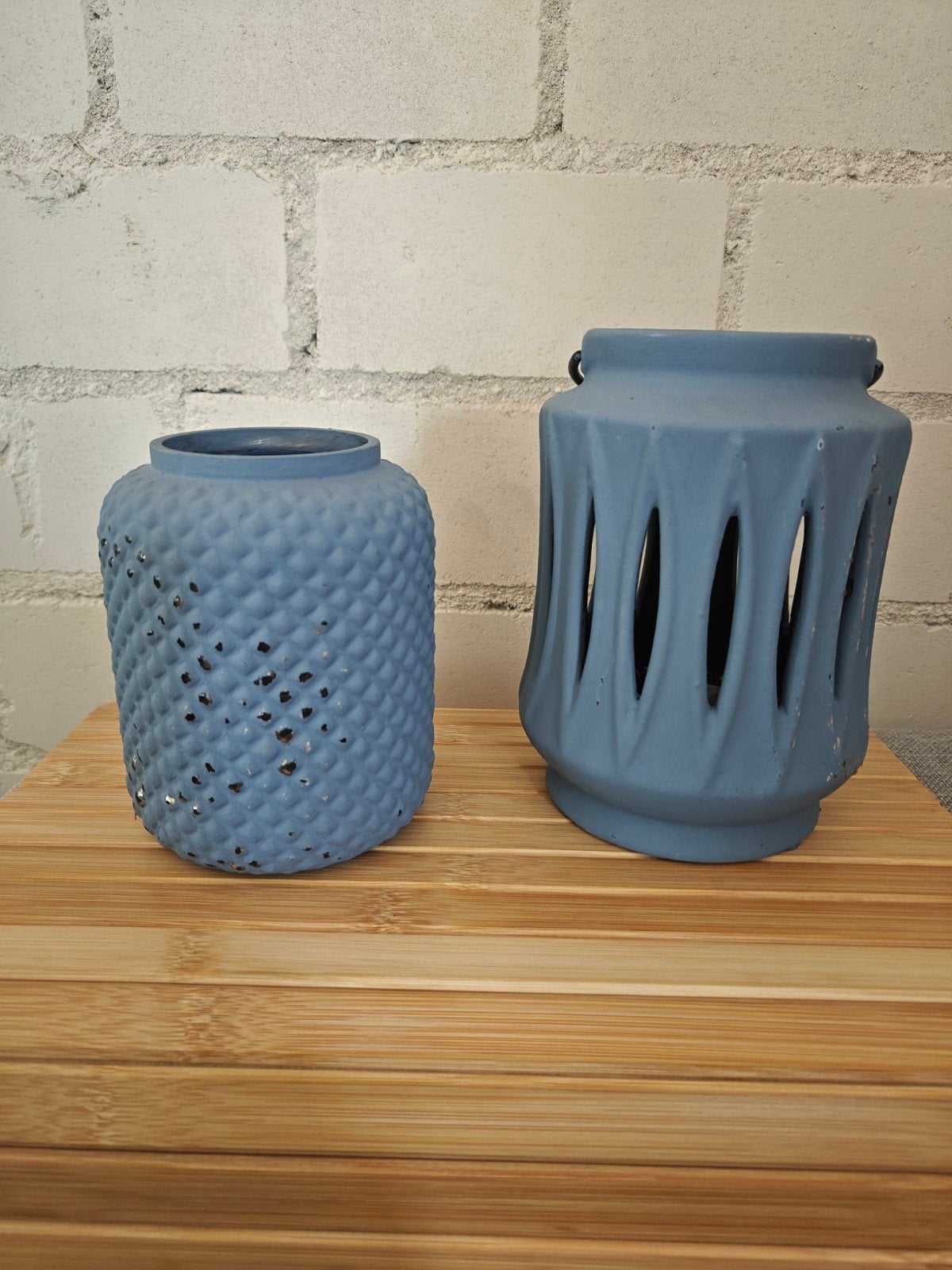 Set van 2 blauwe waxinelichthouders / lantaarns, Gebruikt, Blauw, Overige merken, Waxinelichthouder