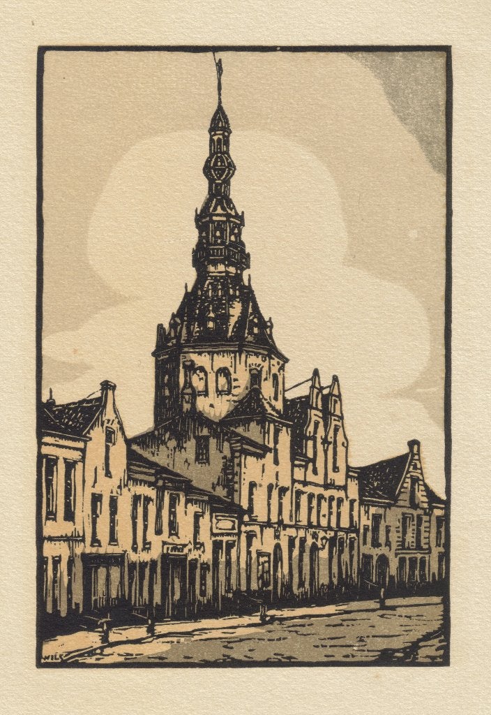 Henri Wils houtsnede "Zierikzee", Ophalen, Stadsgezicht, 1900 - 1949, Houtsnede