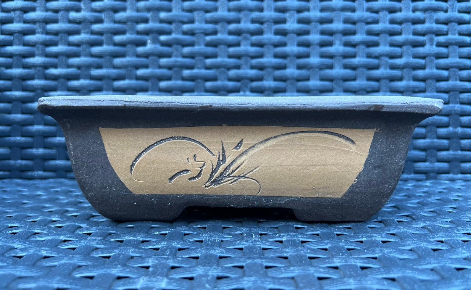 Bonsai schaal bruin gedecoreerd , ongeglazuurd 18x12,5x6,3, Ophalen of Verzenden, Zo goed als nieuw, Aardewerk, Rechthoekig