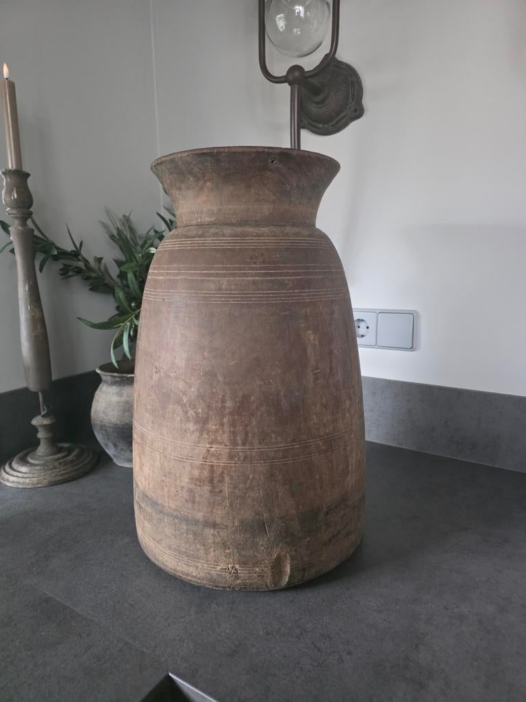 Grote houten Nepalese pot - 50cm hoog, Huis en Inrichting, Woonaccessoires | Vazen, Zo goed als nieuw, Overige kleuren, Minder dan 50 cm