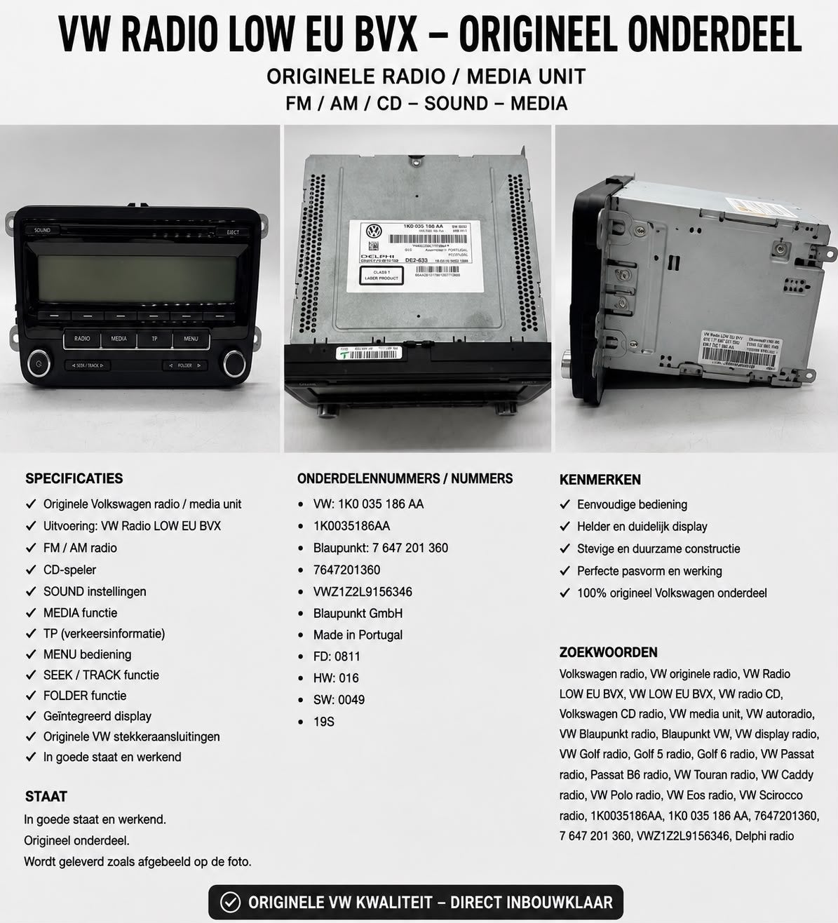 VW RCD310 EU Originele Radio/Media Unit - Delphi 1K0035186AA, Ophalen of Verzenden, Gebruikt