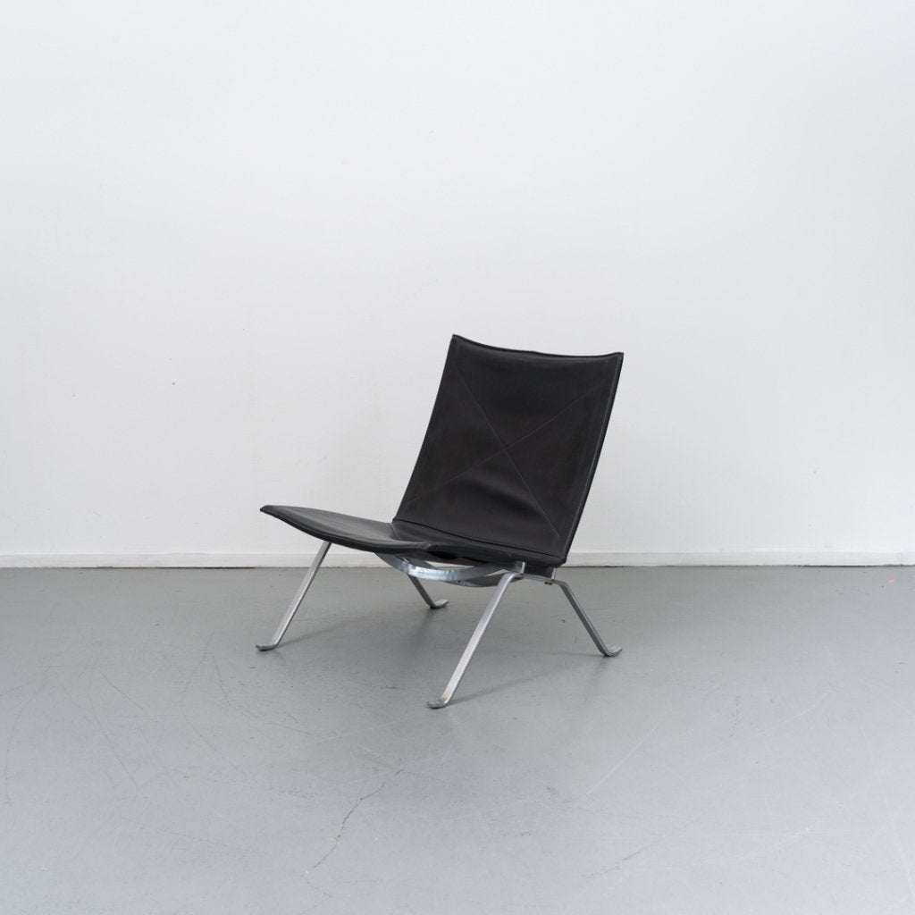 4 Fritz Hansen PK22 Fauteuil Zwart Leer - Staal, Niet ingevuld, Gebruikt, Minder dan 75 cm, Niet ingevuld