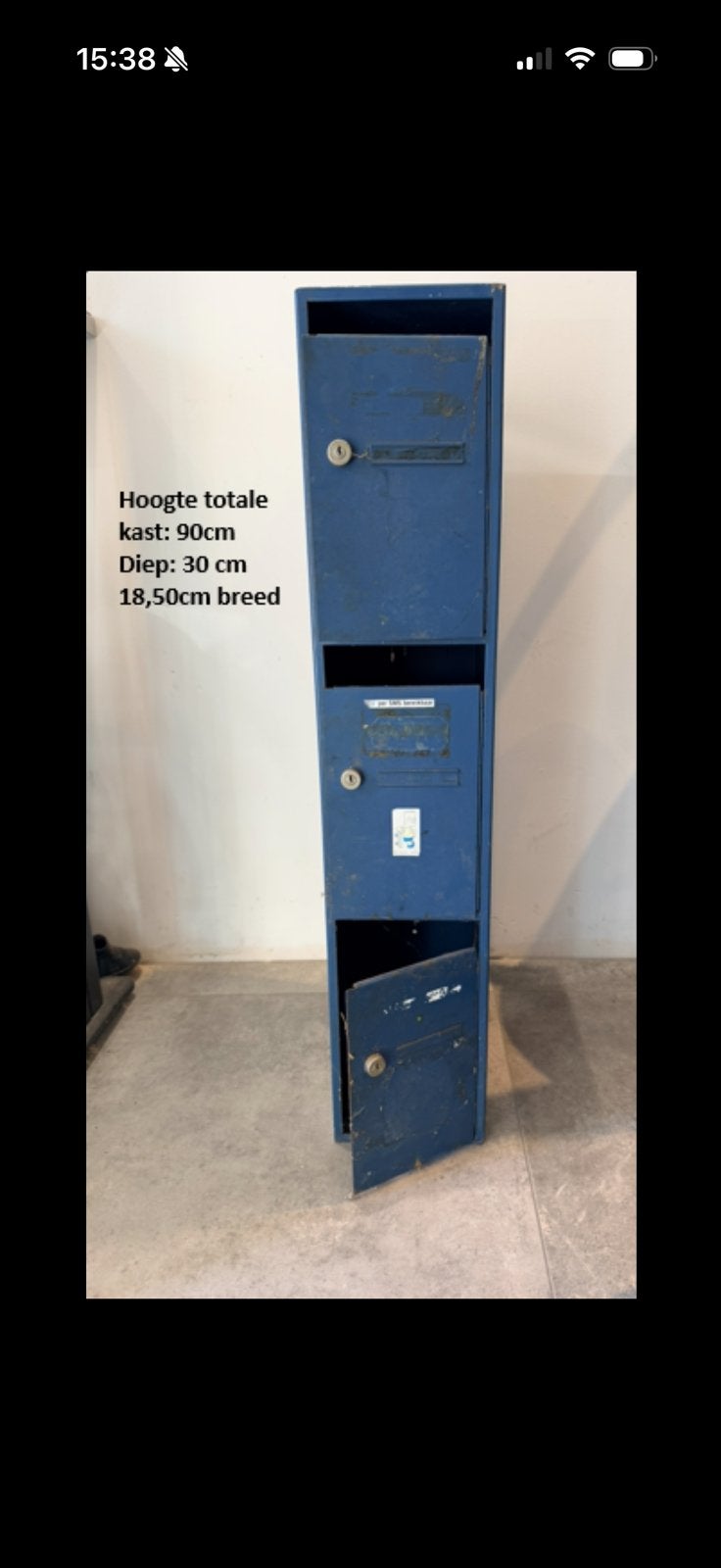 Vintage blauwe kasten (3 stuks) - 90x30x18,5 cm, Antiek en Kunst, Ophalen of Verzenden