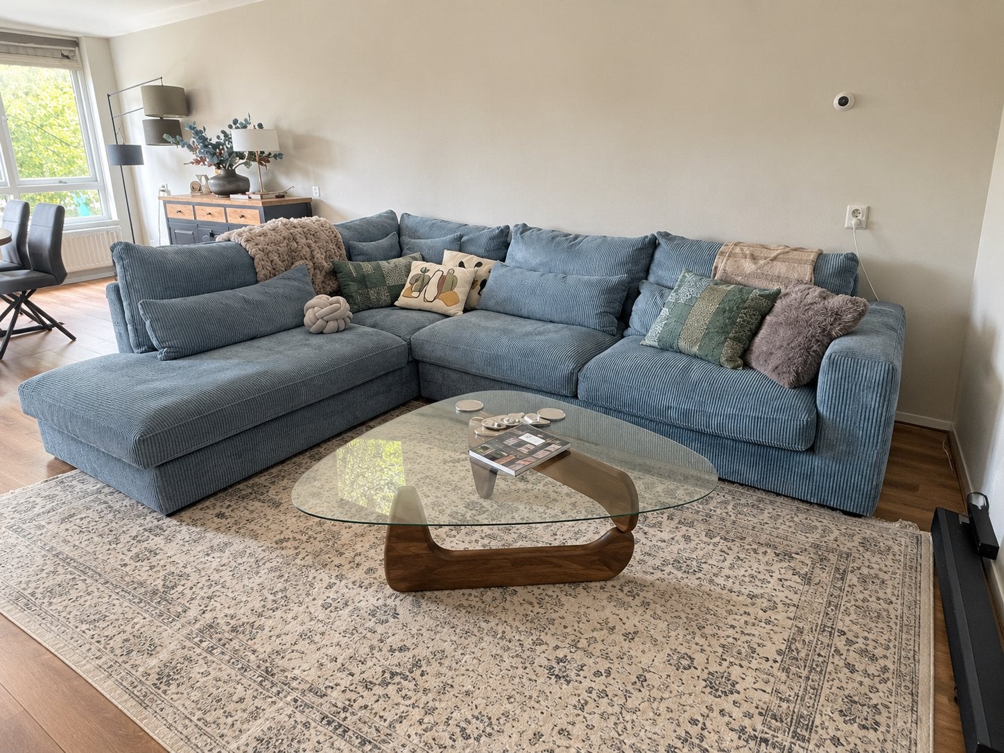 Grote lichtblauwe ribstof hoekbank - 3.20m- ruime loungebank, Ophalen, Gebruikt, 100 tot 125 cm, Hoekbank