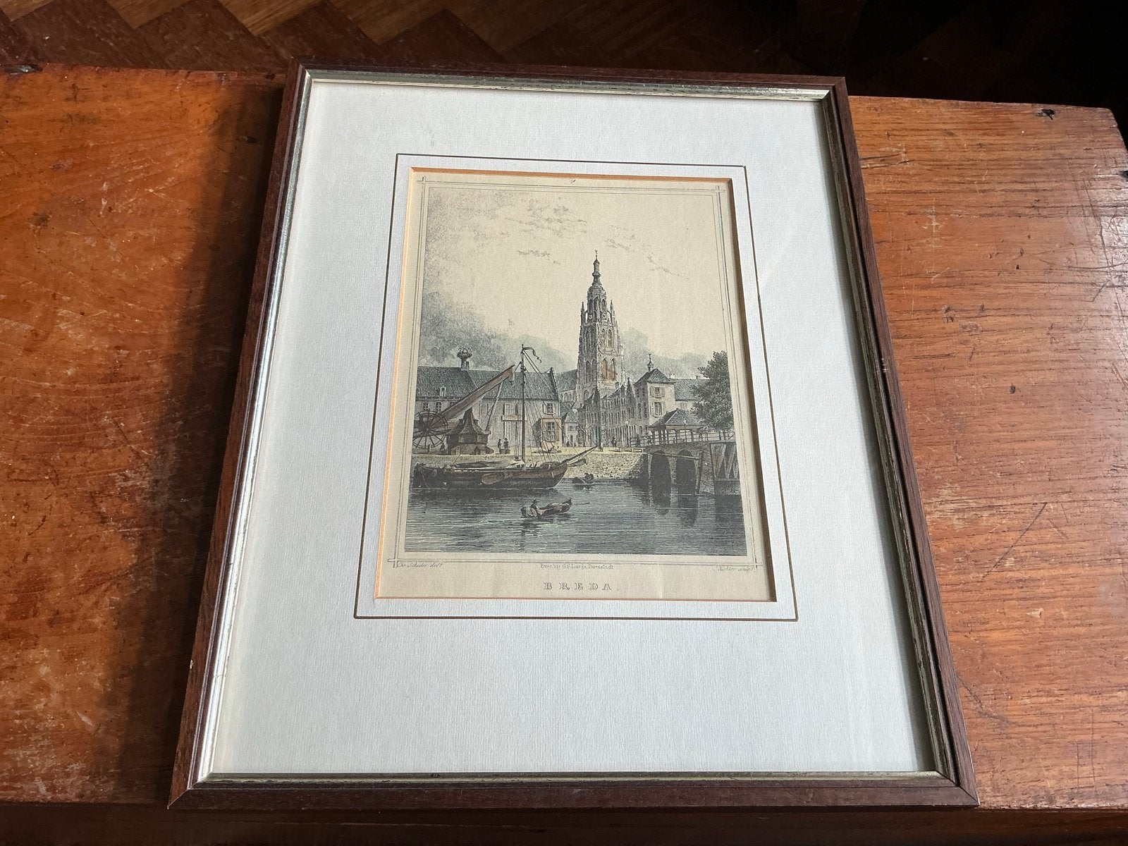 Antieke Ets Breda Stadsgezicht met Grote Kerk en Haven, Antiek en Kunst, 1800 - 1899, Stadsgezicht, Ophalen of Verzenden, Met tekst