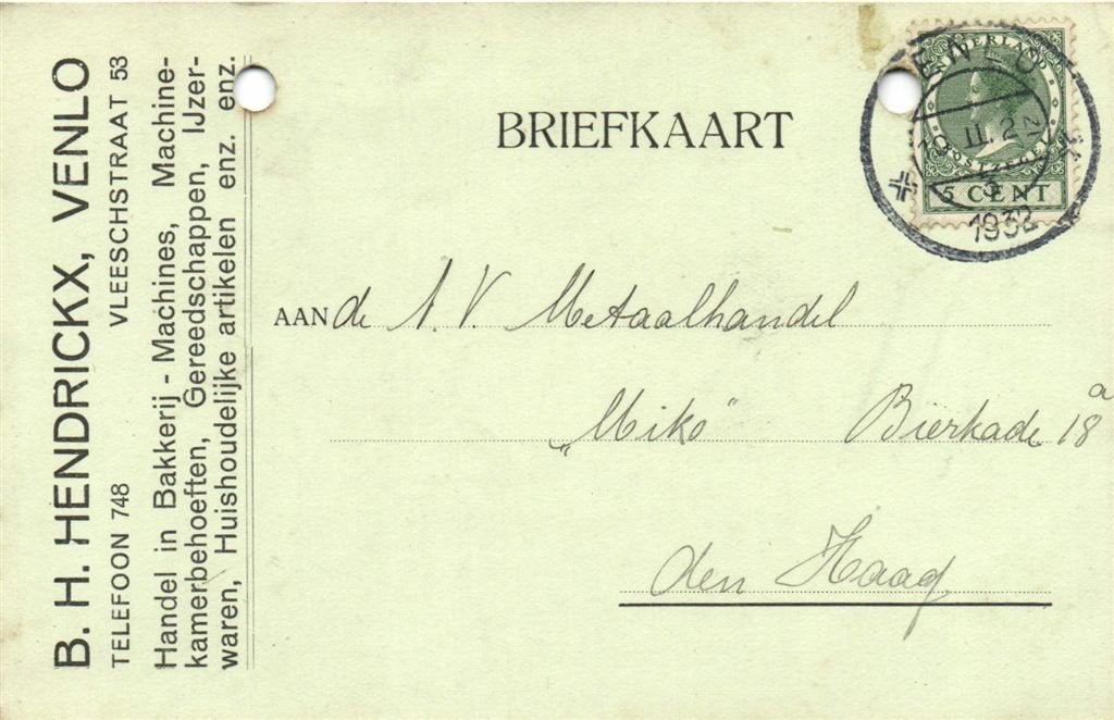 B.H. Hendrickx, Venlo - 02.1932 - briefkaart, Ophalen of Verzenden, Briefkaart