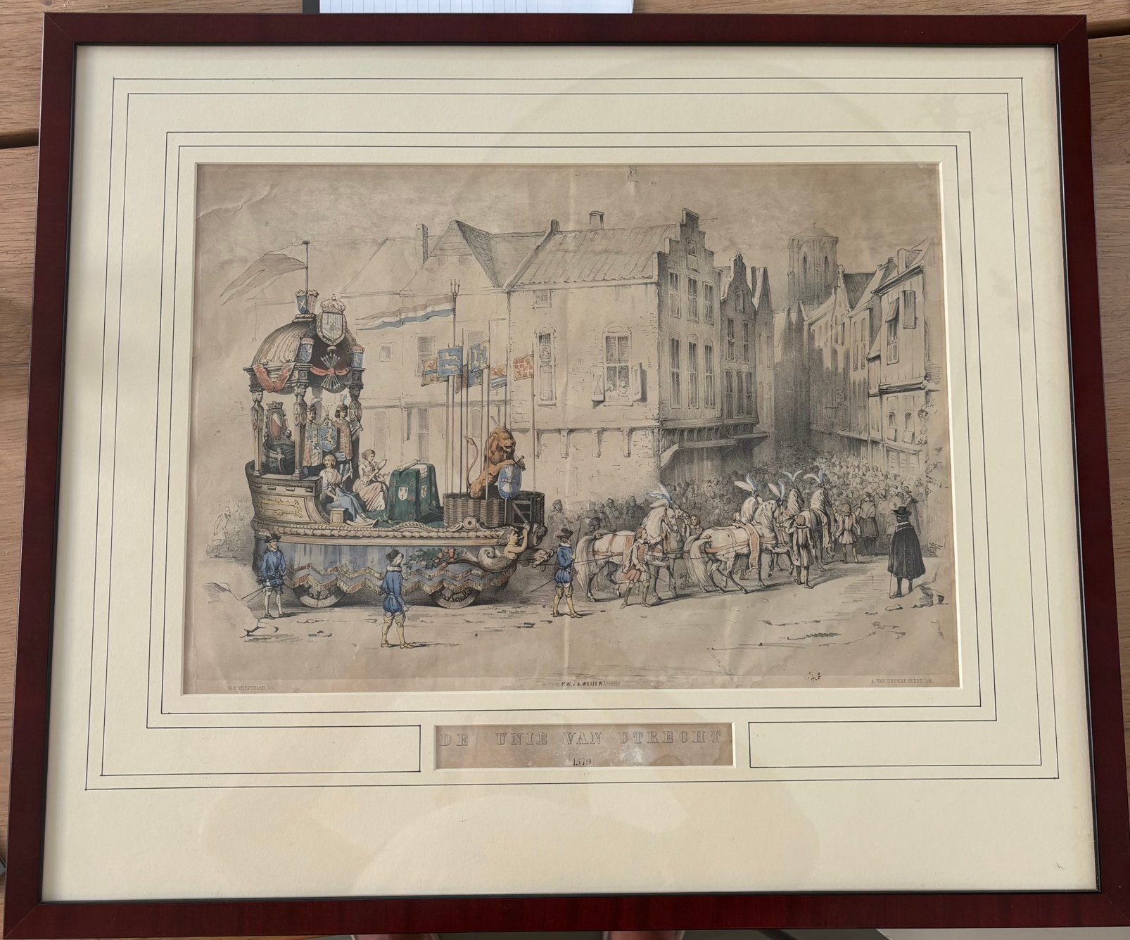 Kleurenprent Unie van Utrecht, kunsthandel Schoonheim Utr., Ophalen, 1800 - 1899, Overige technieken, Militair