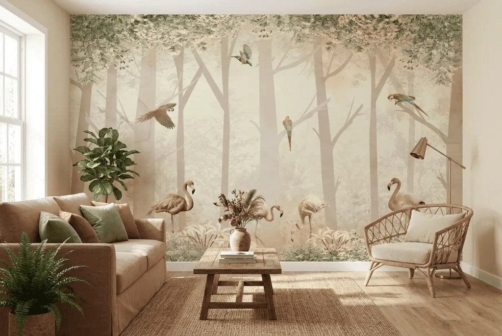Behang babykamer – flamingo's en papegaaien in mistig bos, Huis en Inrichting, Groen, Overige merken, Ophalen of Verzenden, Fotobehang
