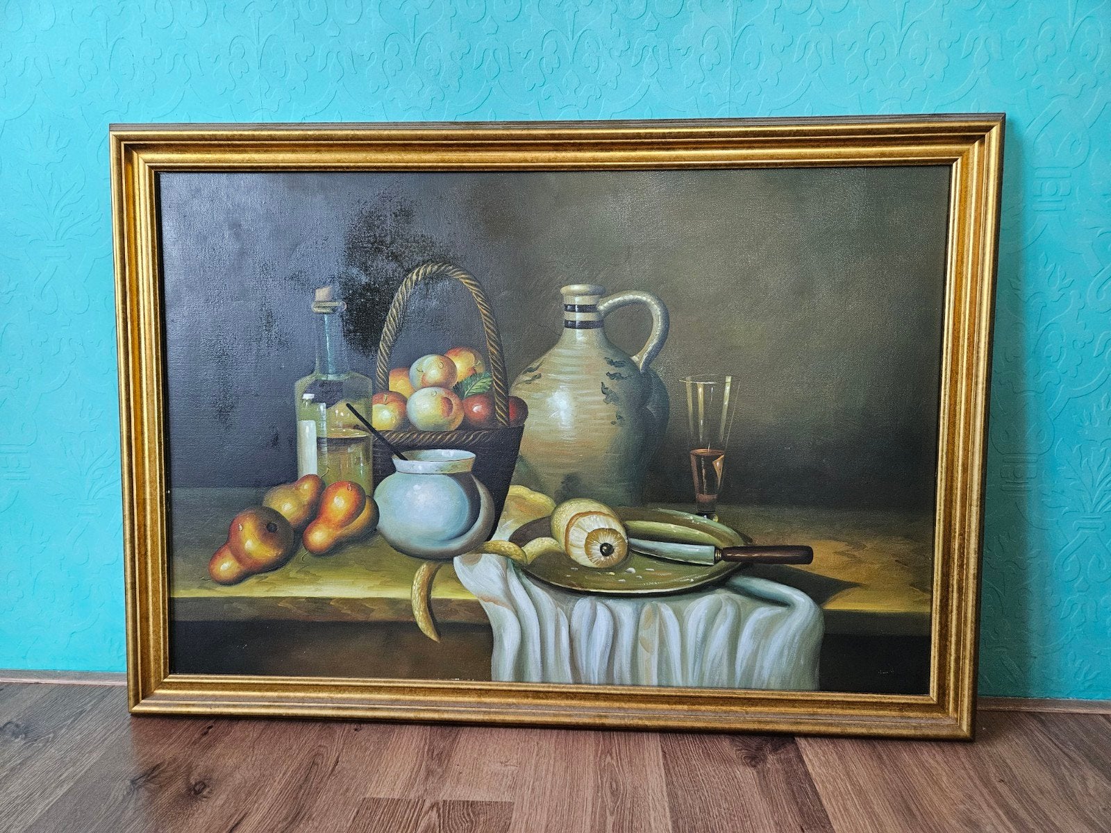 Schilderij stilleven met fruit en kruik - 100x70 cm, Antiek en Kunst, Ophalen, Doek, Realistisch, Stilleven