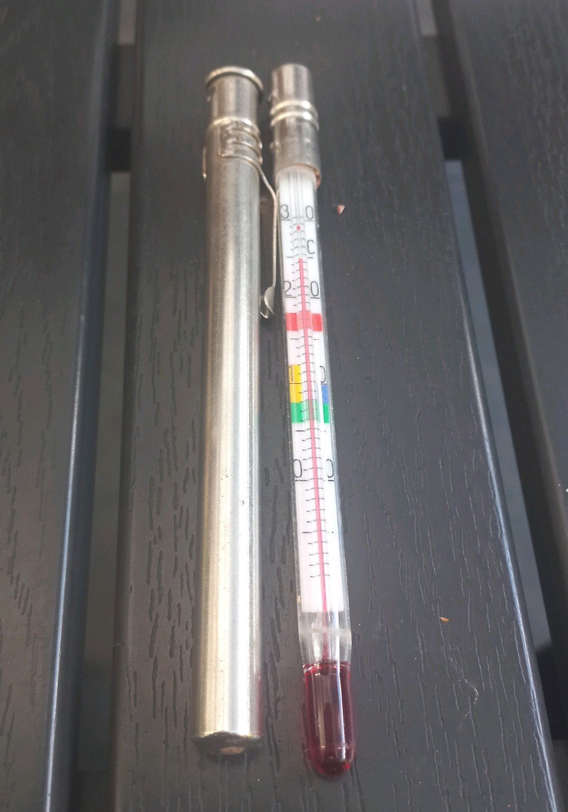 Vintage drankthermometer in metalen koker, Ophalen of Verzenden, Overige typen
