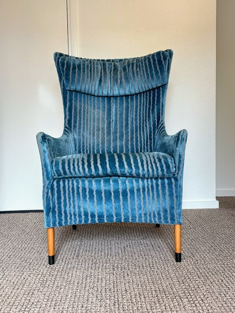 Giorgetti fauteuil – turquoiseblauw velours, vintage, Gebruikt, 75 tot 100 cm, Stof, 50 tot 75 cm
