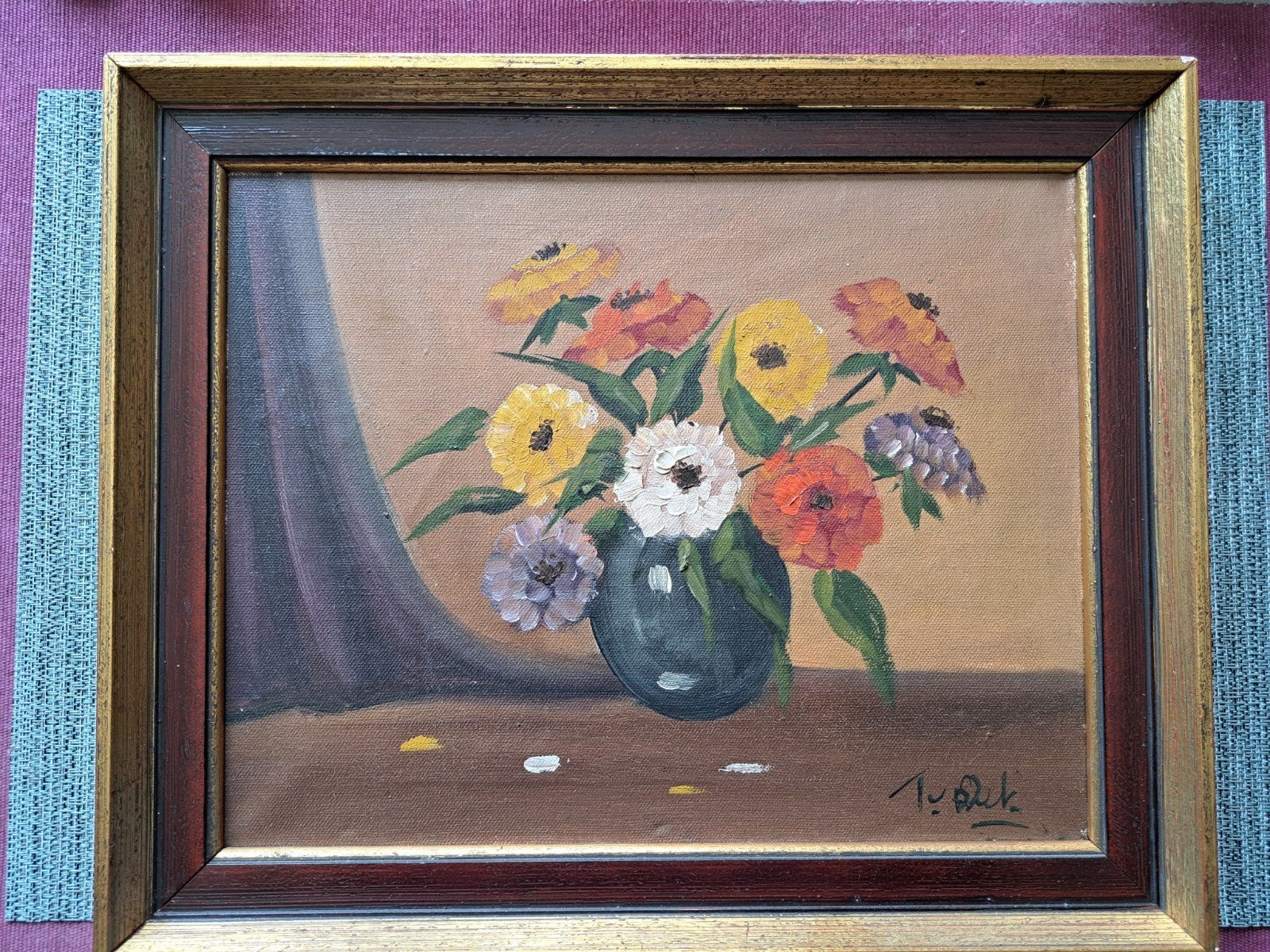 Schilderij met bloemen in vaas, gesigneerd, 30x36cm, Antiek en Kunst, Ophalen