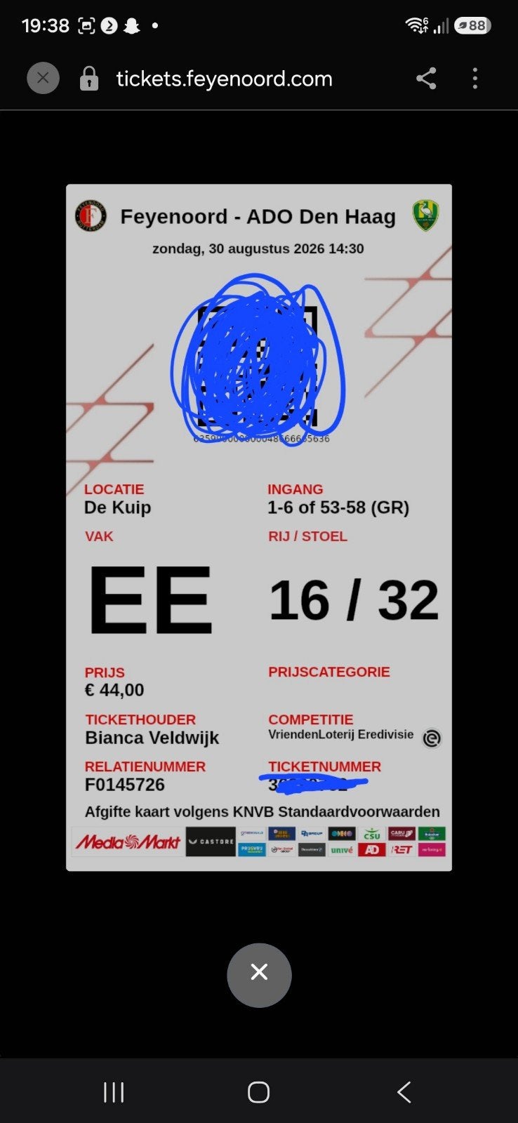 feyenoord ticket feyenoord-ADO Den Haag, Tickets en Kaartjes, Losse kaart, Eén persoon, Augustus