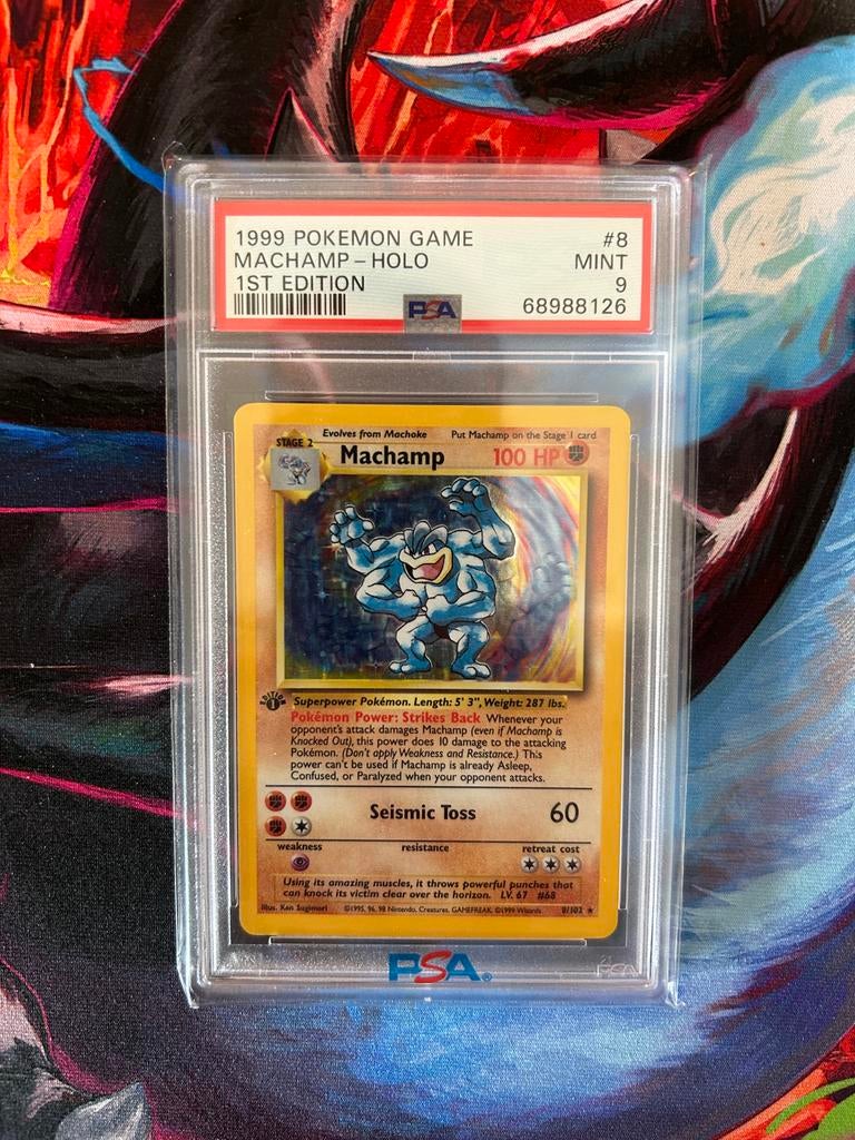 Machamp Holo 1st Edition PSA 9 Pokémon Kaart, Ophalen of Verzenden, Zo goed als nieuw, Losse kaart