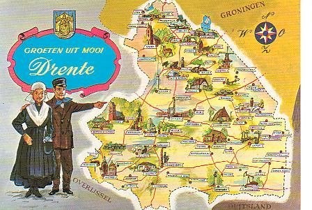 Ansichtkaart 	Drenthe	Landkaartje	Klederdracht, Verzenden, 1980 tot heden, Gelopen, Drenthe