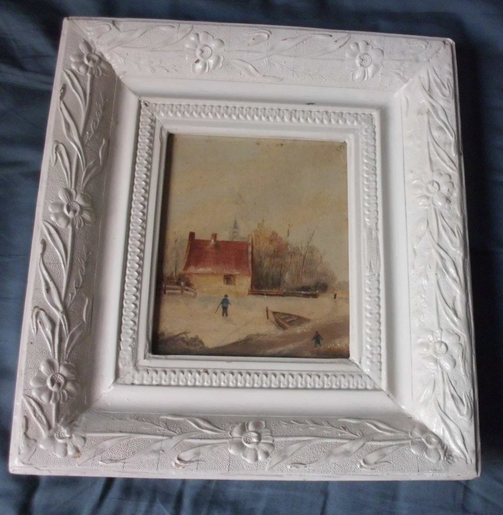 Sneeuw gezicht , huisje aan het water ., Origineel werk, Ophalen of Verzenden, Olieverf, Klassiek