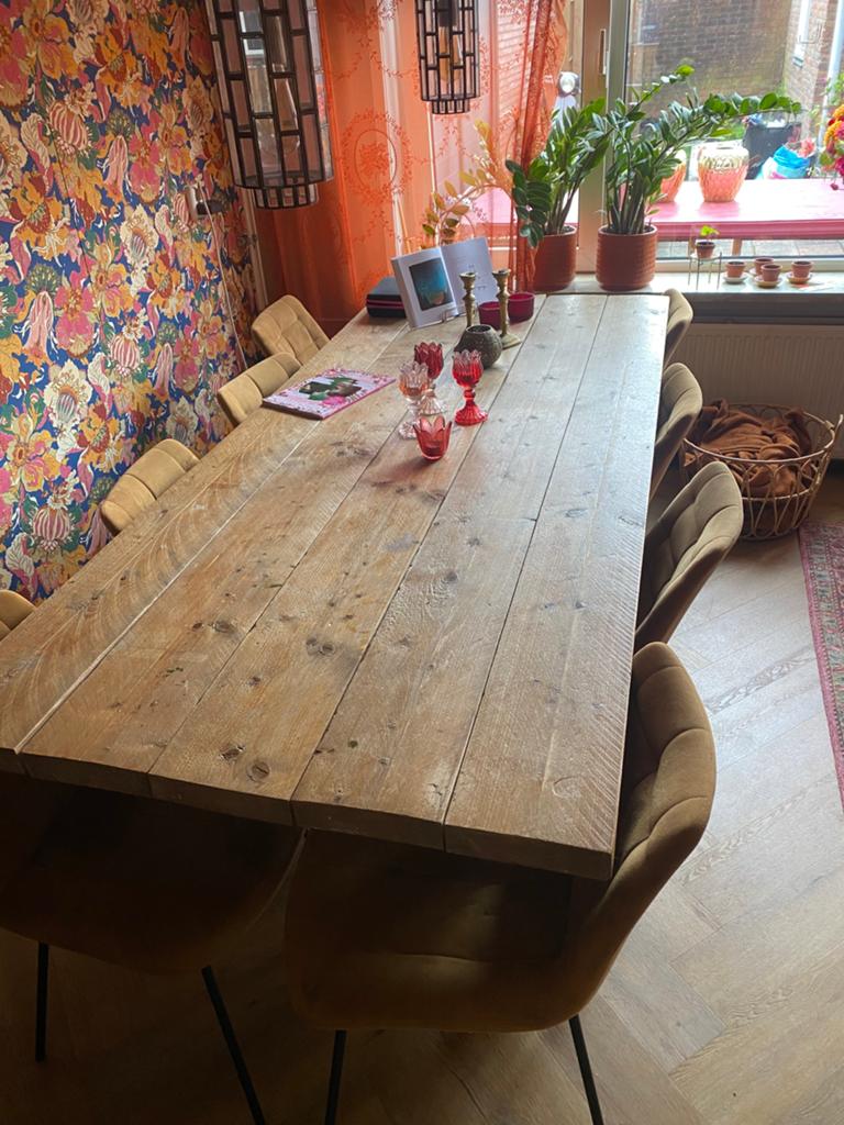 Grote houten eettafel / tafel  met zwart  stalen poten, Huis en Inrichting, Tafels | Eettafels, Ophalen, 100 tot 150 cm, 200 cm of meer