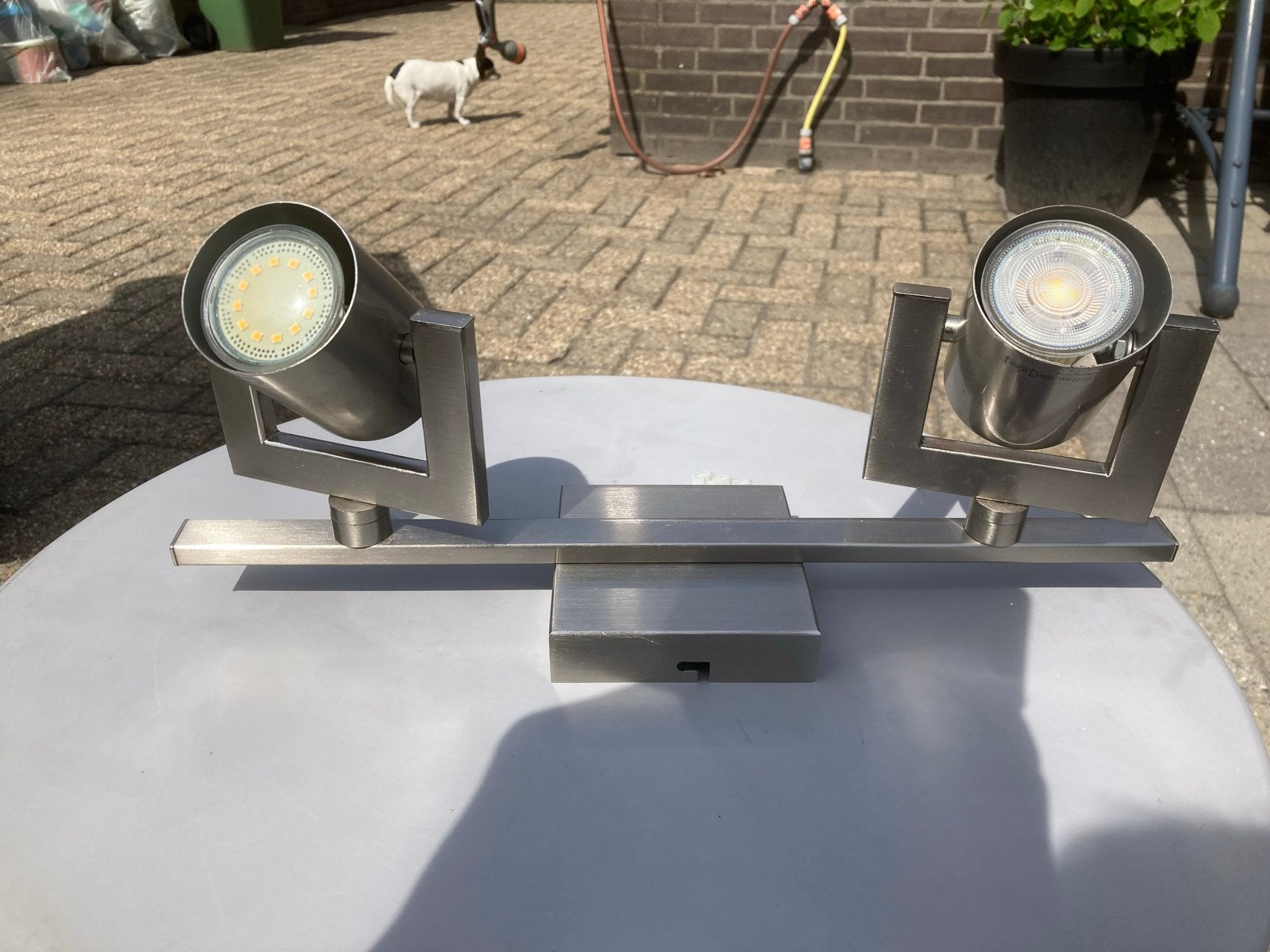 Moderne dubbele spot - RVS look, Ophalen, GU10, Zo goed als nieuw, LED