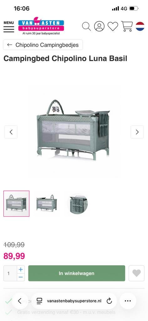 Chipolino Luna Basil Campingbed - Compleet en Comfortabel, Kinderen en Baby's, Babywiegjes en Ledikanten, Ophalen of Verzenden