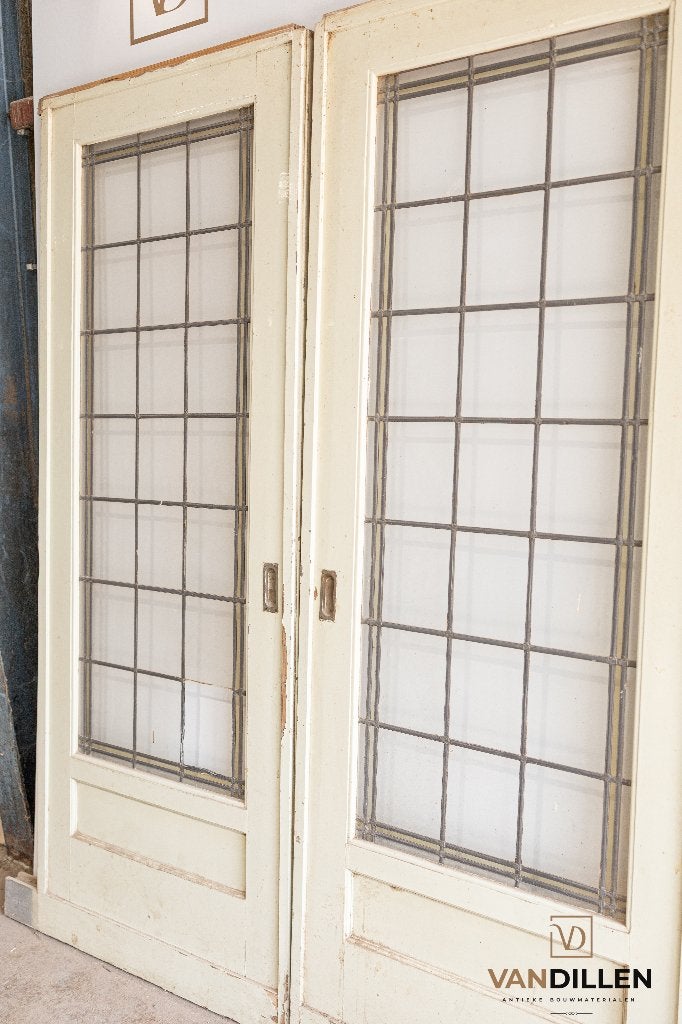Antieke ensuite schuifdeuren met glas in lood kleur rand, 120 cm of meer, Binnendeur, Ophalen of Verzenden, Zo goed als nieuw
