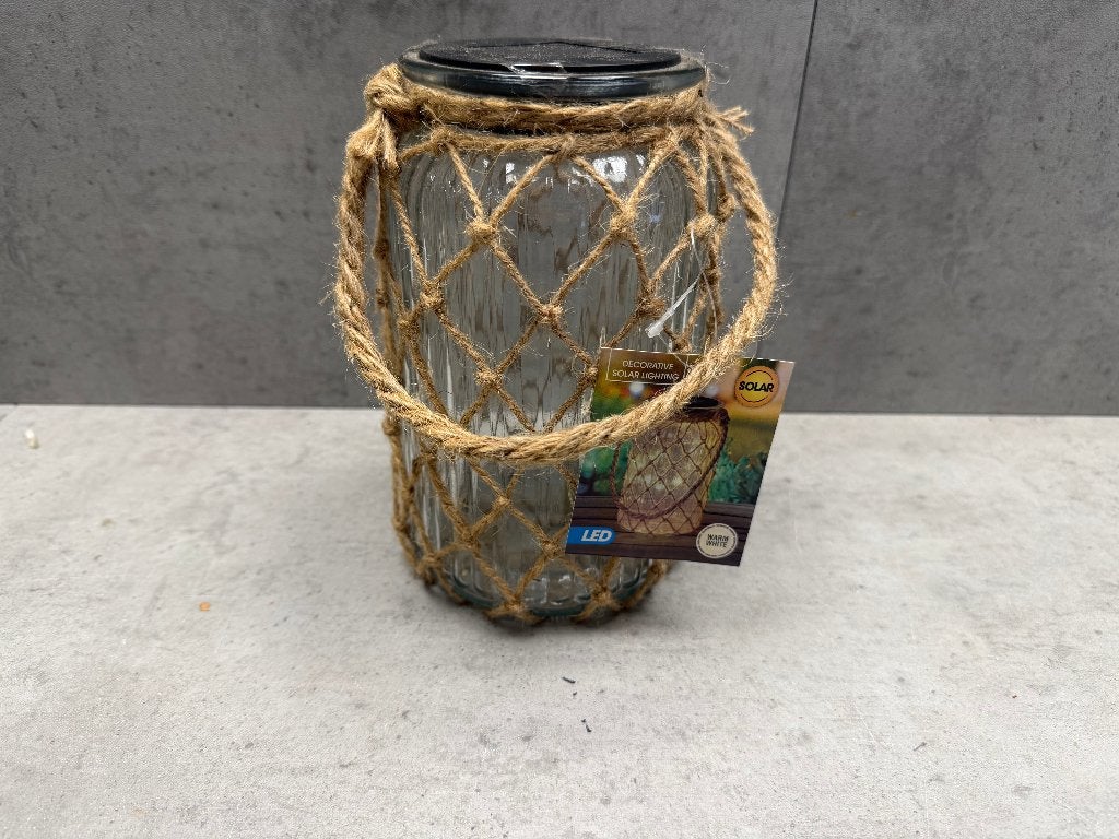 Solar lamp in glazen pot met touw decoratie NIEUW - 11099, Ophalen of Verzenden, Nieuw