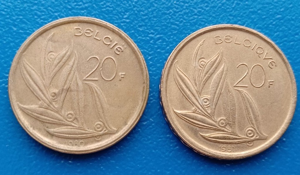 België, Belgique 2 x 20 francs 1981 & 1982, Verzenden, Setje