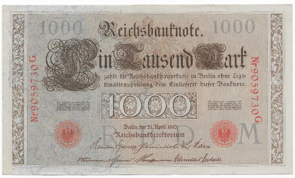 1000 Mark 1910 Reichsbanknote; two red seals  730G, Verzenden, Duitsland, Los biljet
