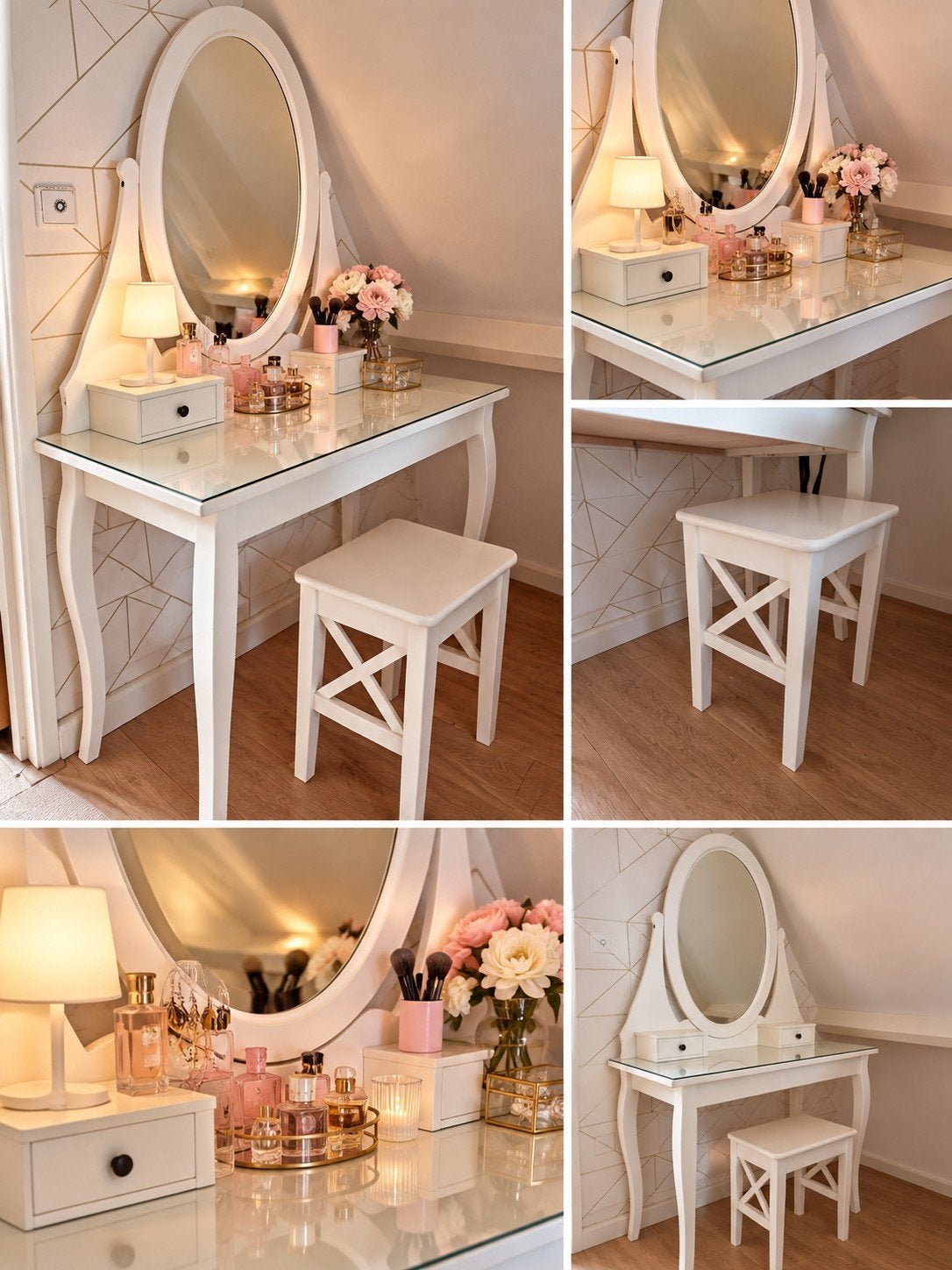 Witte kaptafel met spiegel en krukje, Ophalen of Verzenden, Hout, Klassiek Landelijk Modern