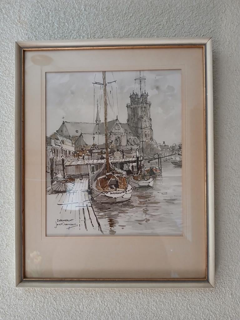 Jan Korthals  Dordrecht haven met Grote Kerk, Ophalen of Verzenden