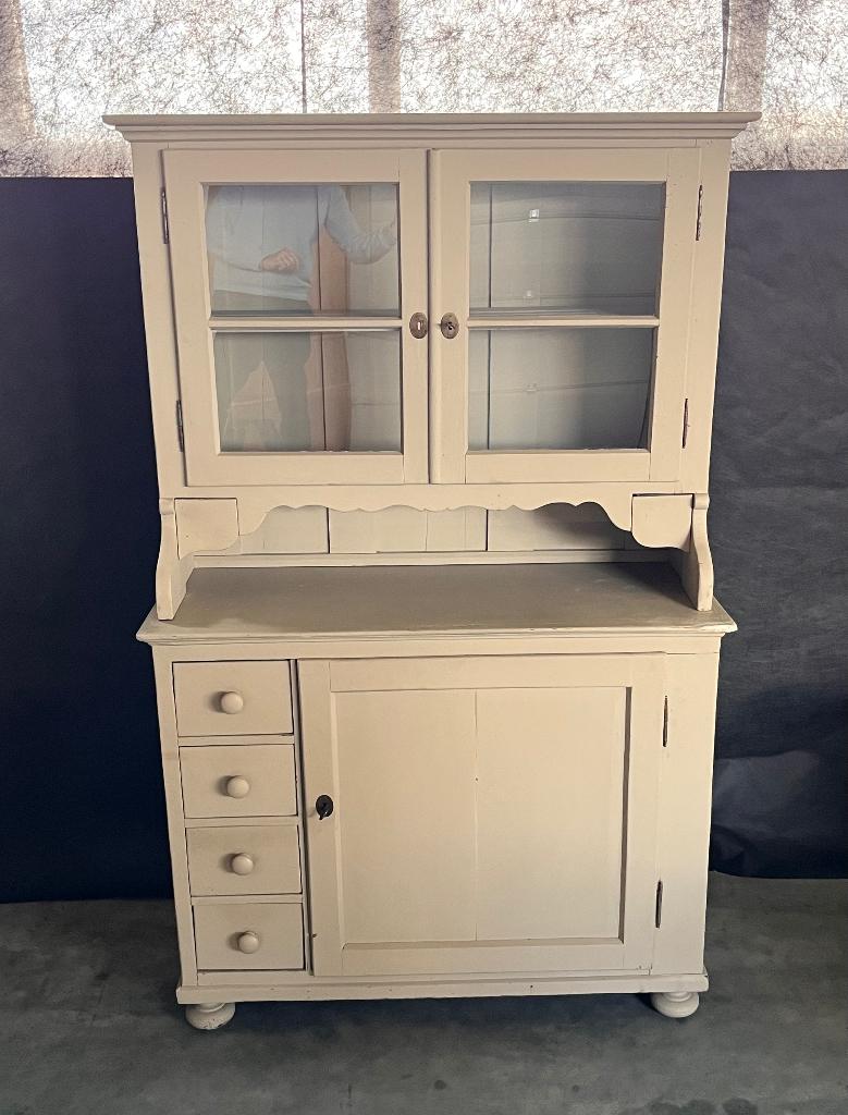 Brocante keuken/boerenkast tweedeling met glazen deuren, Ophalen, Gebruikt, Grenenhout, 150 tot 200 cm